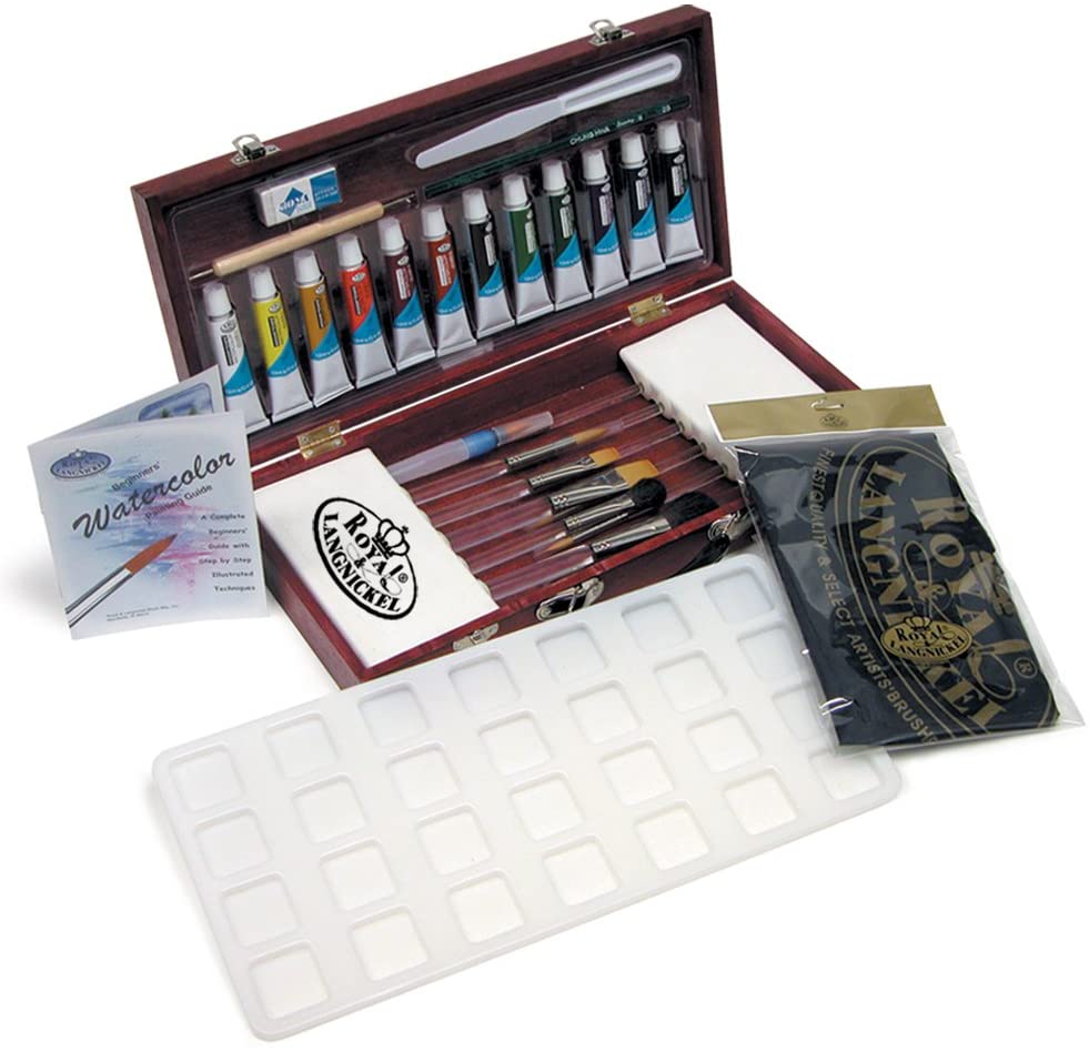 Beginner Watercolor Painting Set - Complete Wood Box Kit With Brushes & Instructions