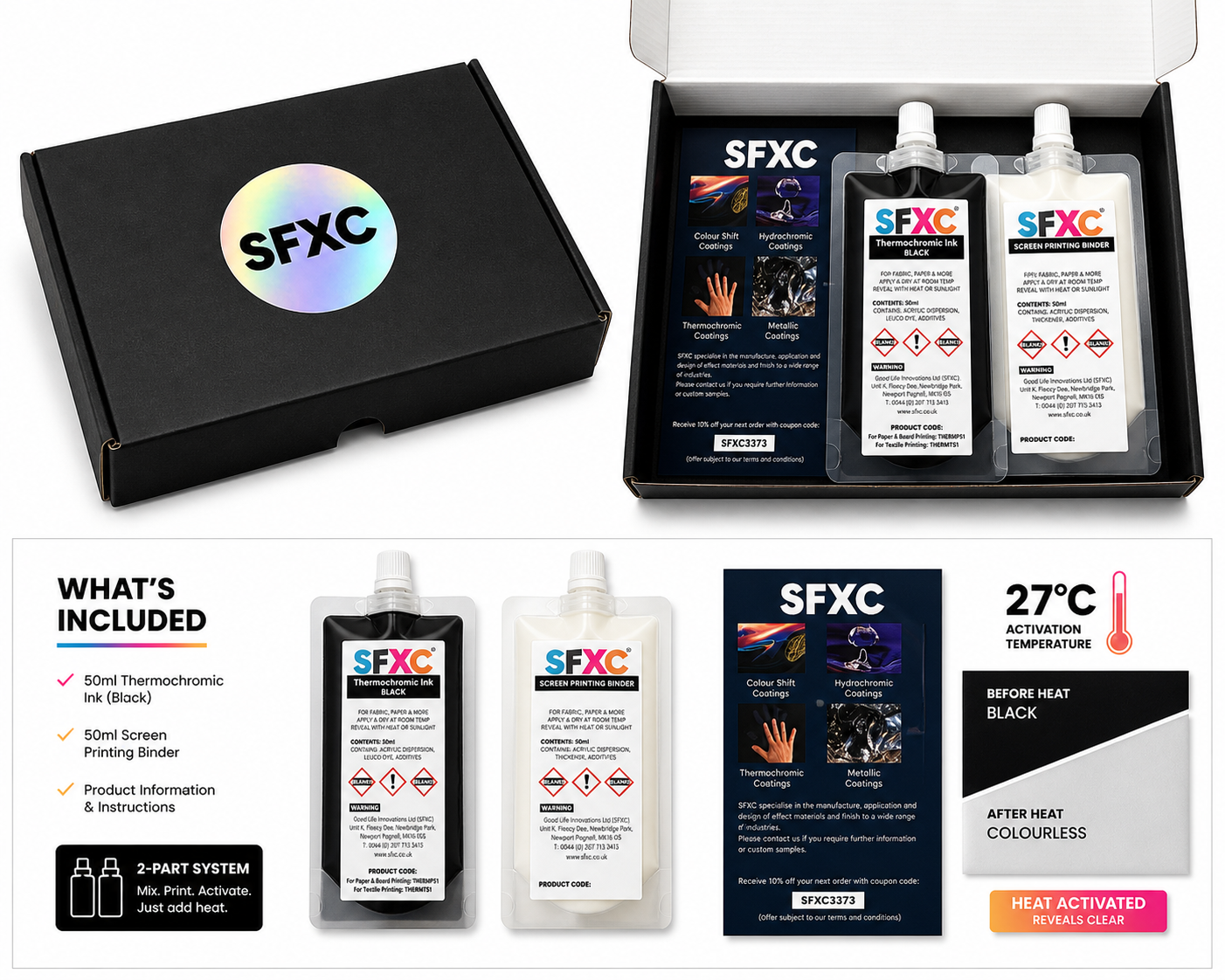 SFXC Thermochromic Screen Ink 100ml (3.4 fl oz) Thermochromic Ink: Black 31°C (87.8°F) - Touch or Rub to Reveal